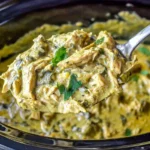 Slow Cooker Basil Chicken Coconut Curry on a spoon, showing tender shredded chicken in creamy coconut curry sauce with basil and herbs.