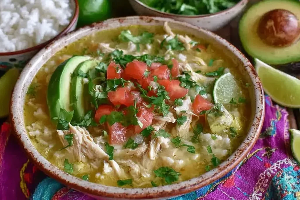 Slow Cooker Mexican Chicken Lime Soup in a rustic bowl with shredded chicken, rice, avocado slices, cilantro, diced tomatoes, and fresh lime.