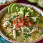 Slow Cooker Mexican Chicken Lime Soup topped with avocado, pico de gallo, cilantro, and lime wedges in a rustic bowl.