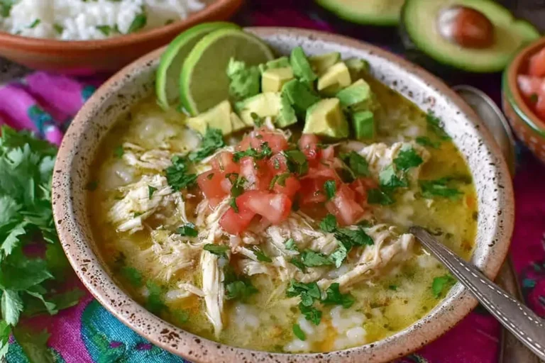 Slow Cooker Mexican Chicken Lime Soup topped with avocado, pico de gallo, cilantro, and lime wedges in a rustic bowl.