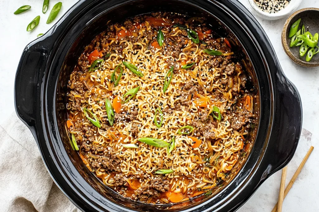 Slow Cooker Ramen Noodles with Ground Beef cooking in a black crockpot with carrots, sesame seeds, and green onions.