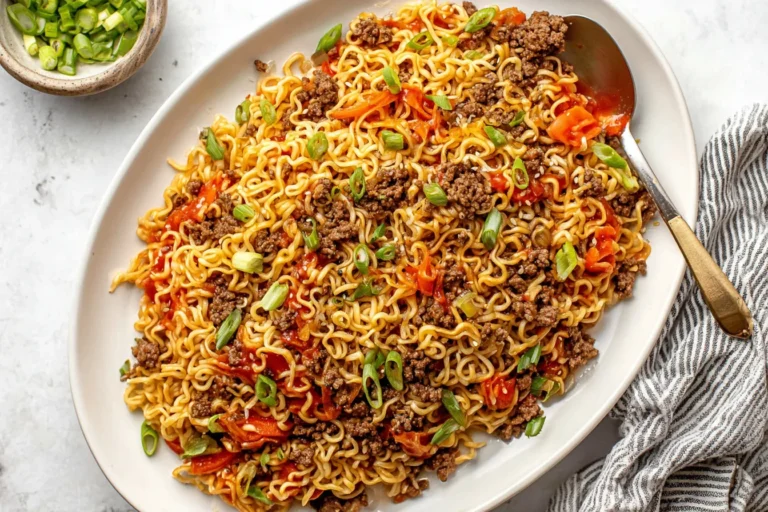 Slow Cooker Ramen Noodles with Ground Beef topped with green onions, served on a white plate for an easy weeknight dinner.