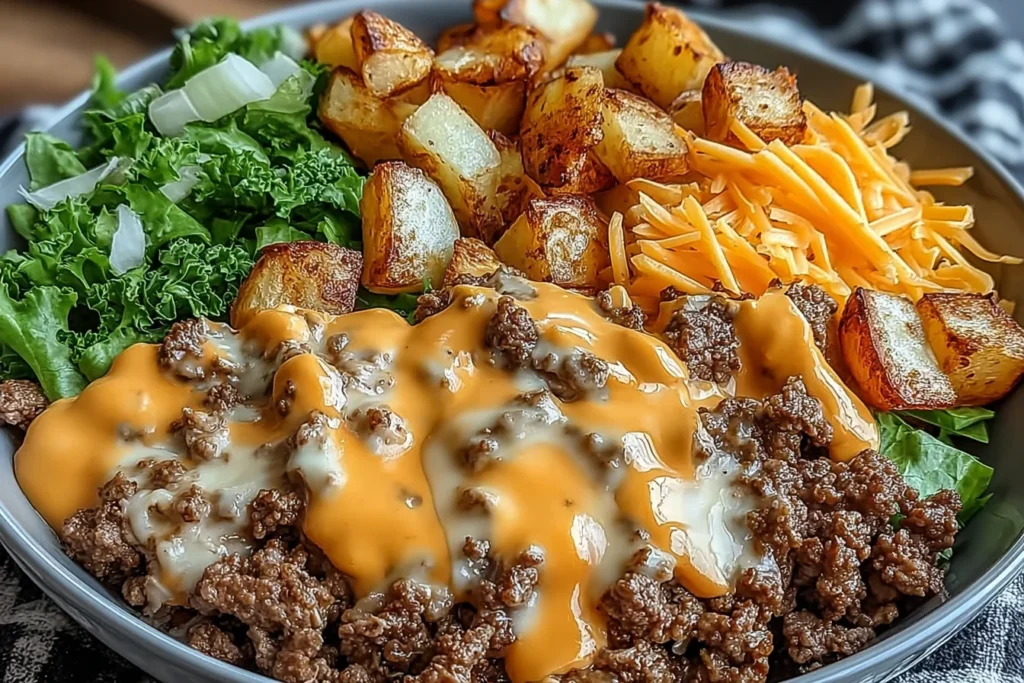 Smash Burger Bowl with crispy potatoes, seasoned ground beef, melted cheddar cheese, lettuce, and creamy special sauce in a bowl.