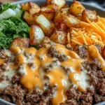 Smash Burger Bowl with crispy potatoes, seasoned ground beef, melted cheddar cheese, lettuce, and creamy special sauce in a bowl.