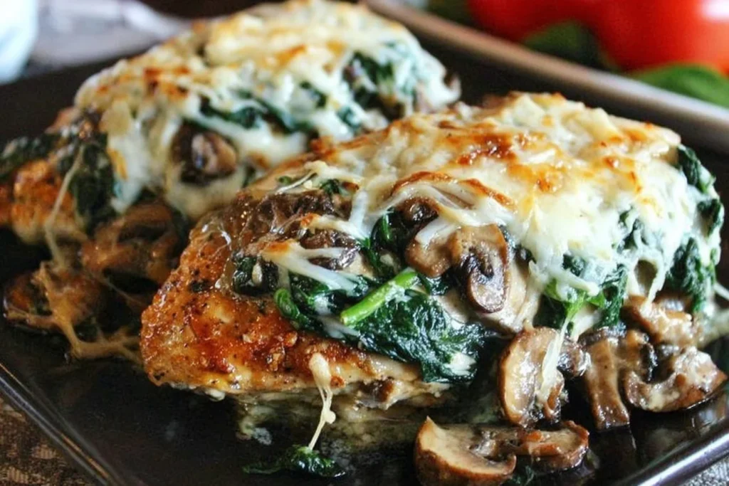 Smothered Asiago Chicken topped with sautéed spinach and mushrooms, finished with melted Asiago cheese in a skillet.