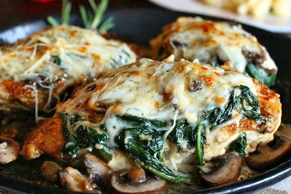 Smothered Asiago Chicken with spinach and mushrooms, covered in melted Asiago cheese with sautéed mushrooms in a skillet.