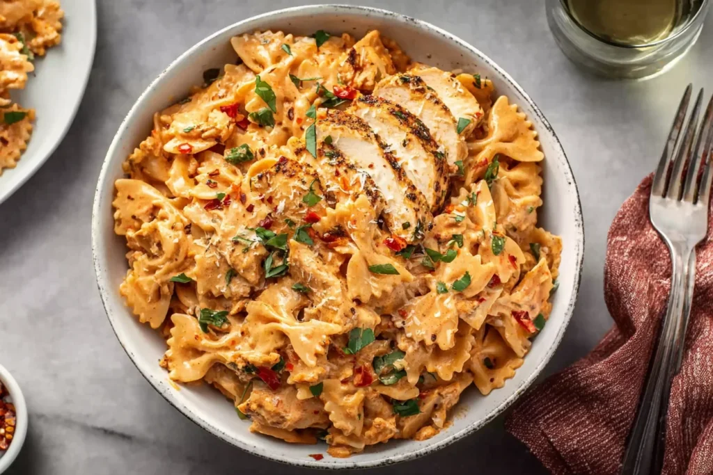 Spicy Chicken Bowties served in a bowl—creamy Cajun chicken bowtie pasta topped with sliced chicken, herbs, and red pepper flakes.