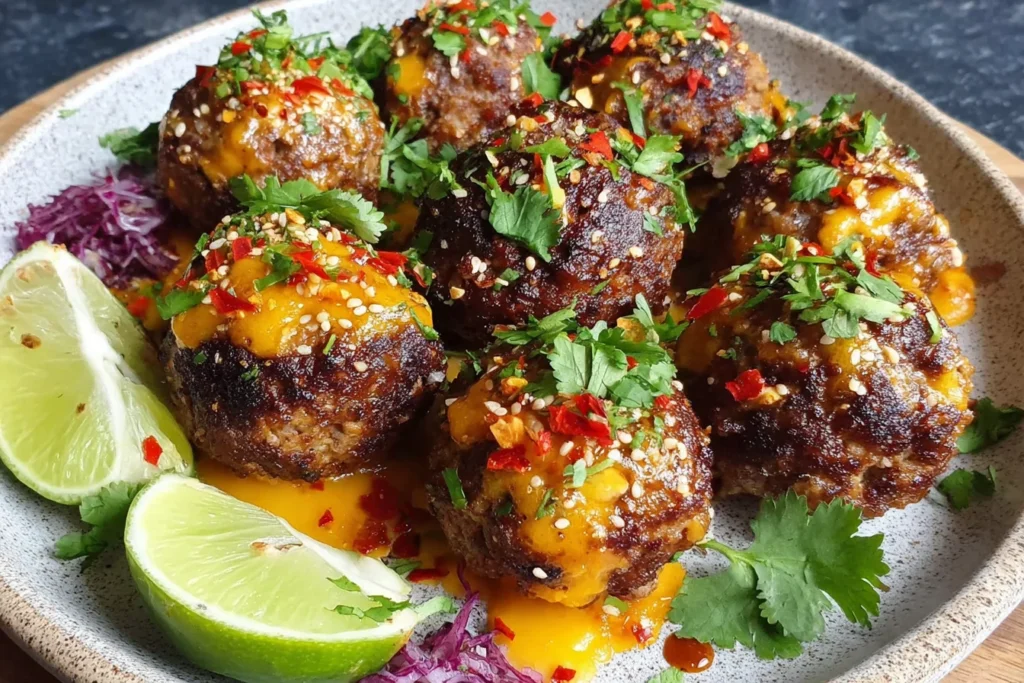 Spicy Mexican Donkey Balls—cheesy stuffed beef meatballs topped with cilantro, chili flakes, sesame seeds, and served with fresh lime wedges.