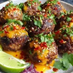 Spicy Mexican Donkey Balls—cheesy stuffed beef meatballs topped with cilantro, chili flakes, sesame seeds, and served with fresh lime wedges.