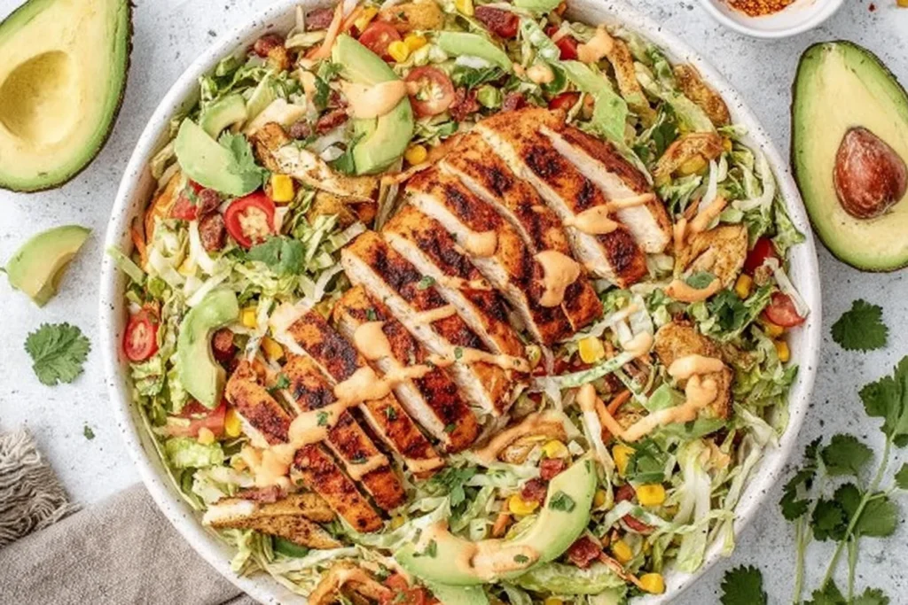 Spicy Ranch Chopped Chicken Cabbage Salad in a bowl with grilled sliced chicken, avocado, corn, jalapeño, cilantro, and tortilla strips.