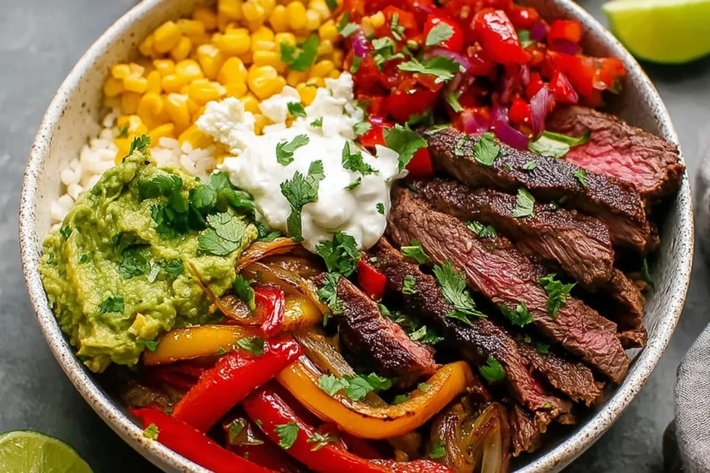 Steak Fajita Bowl Recipe with sliced marinated steak, sautéed peppers and onions, cauliflower rice, corn, guacamole, Greek yogurt, cilantro, and lime.