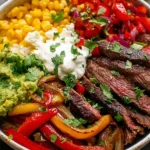 Steak Fajita Bowl Recipe with sliced marinated steak, sautéed peppers and onions, cauliflower rice, corn, guacamole, Greek yogurt, cilantro, and lime.