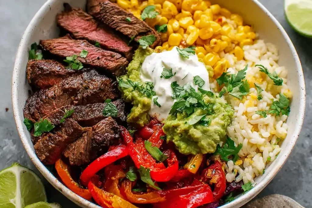 Steak Fajita Bowl Recipe with seared steak slices, fajita peppers and onions, rice, corn, guacamole, Greek yogurt, cilantro, and lime.
