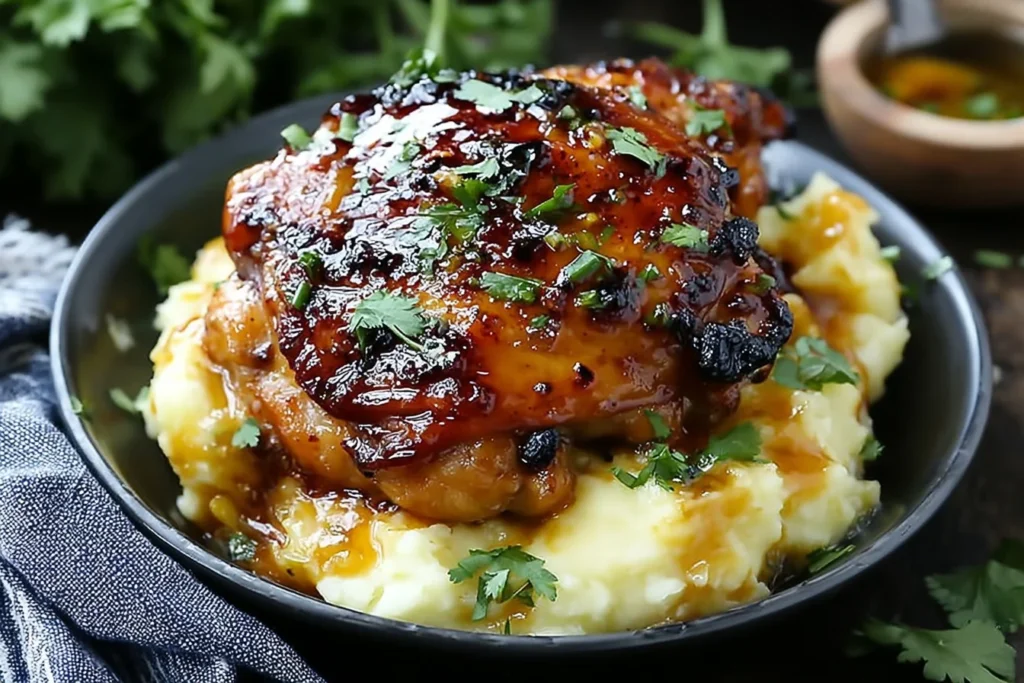 Chipotle Honey Chicken Thighs With Smoked Gouda Mashed Potatoes in a black bowl, topped with sticky chipotle-honey glaze, herbs, and warm pan drippings.