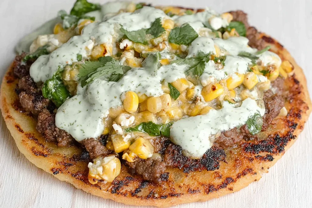 Street Corn Smash Burger Tacos topped with charred corn, creamy jalapeño sauce, cotija cheese, and fresh cilantro on a crispy tortilla