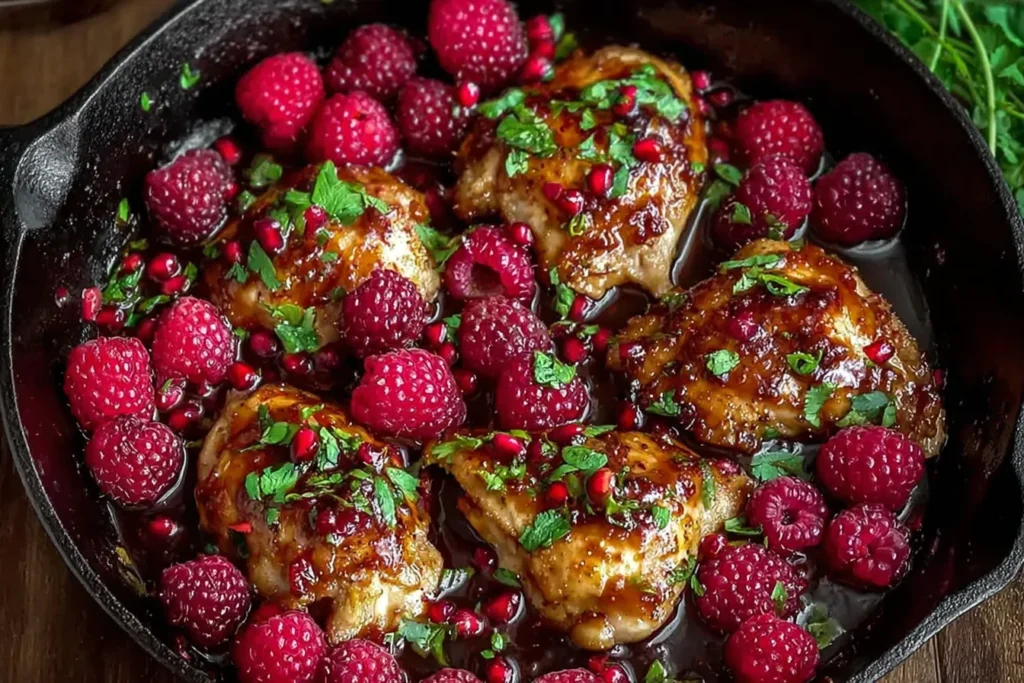 Sweet and Spicy Jalapeno Raspberry Chicken in a cast-iron skillet, coated in a glossy raspberry glaze with fresh raspberries and herbs.