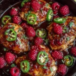 Sweet and Spicy Jalapeno Raspberry Chicken in a cast-iron skillet with glossy raspberry glaze, fresh raspberries, and sliced jalapeños.