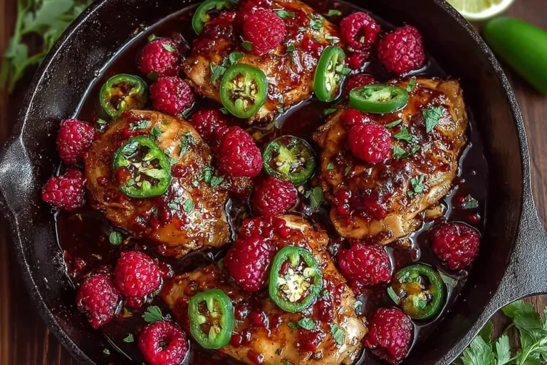 Sweet and Spicy Jalapeno Raspberry Chicken in a cast-iron skillet with glossy raspberry glaze, fresh raspberries, and sliced jalapeños.