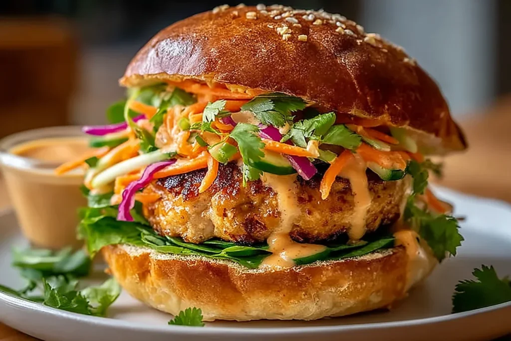 Thai Peanut Turkey Burgers on a toasted bun with creamy peanut sauce, shredded carrots, cucumber, red onion, and fresh cilantro.