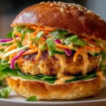 Thai Peanut Turkey Burgers on a toasted bun with creamy peanut sauce, shredded carrots, cucumber, red onion, and fresh cilantro.
