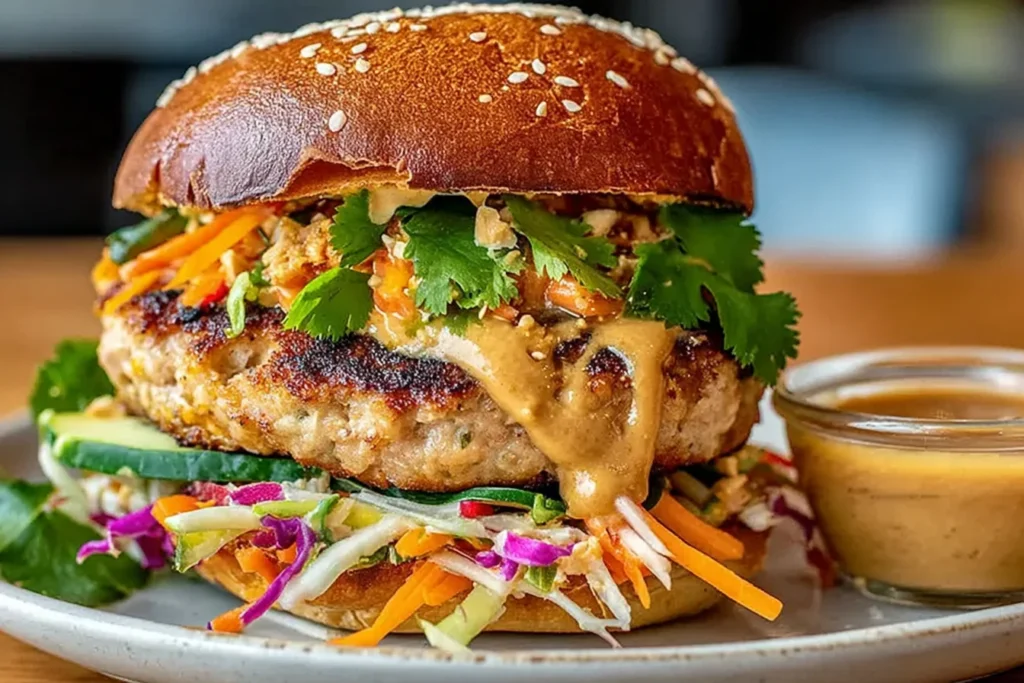Thai Peanut Turkey Burgers on a sesame bun with creamy peanut sauce dripping over the turkey patty, crunchy slaw, cucumber slices, and fresh cilantro.