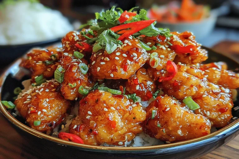 Thai Sweet Chili Chicken piled over steamed rice, coated in sticky sweet chili glaze and topped with sesame seeds, sliced red chiles, cilantro, and green onions.