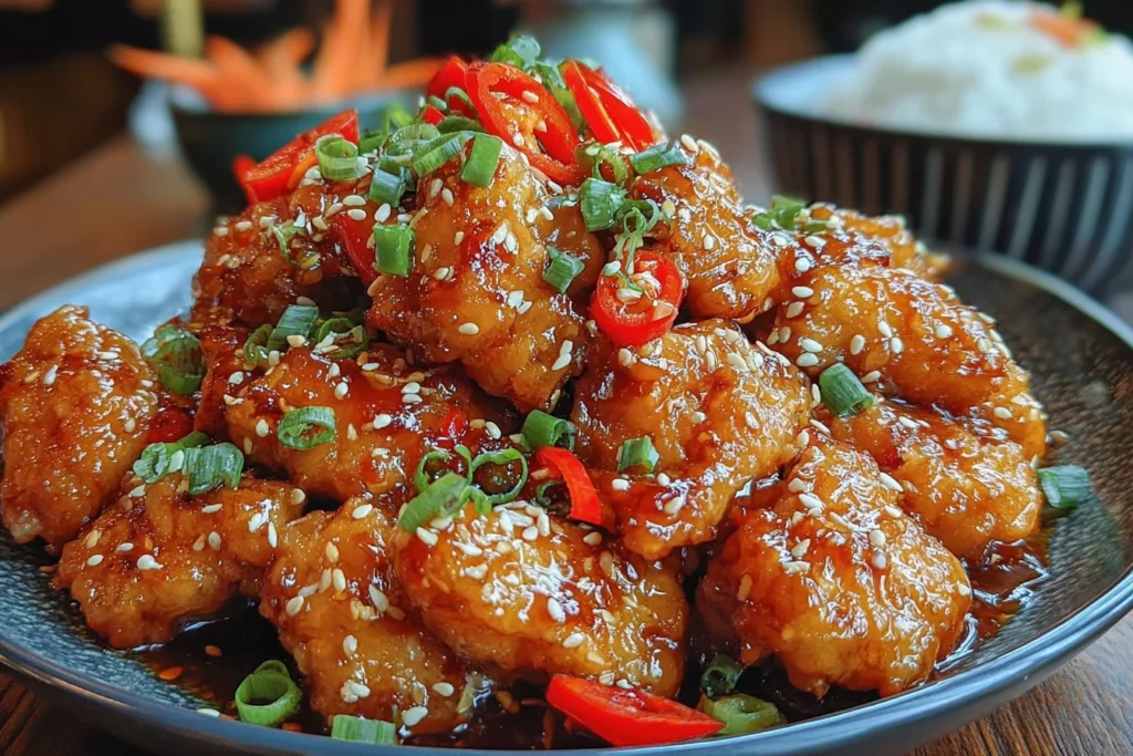 Thai Sweet Chili Chicken on a plate, coated in a sticky sweet chili glaze and topped with sesame seeds, sliced red chiles, and green onions.