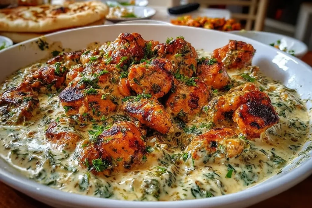 Turkish Chicken with Creamy White Sauce in a white bowl—golden seared chicken bites simmered in rich herb-flecked creamy sauce.