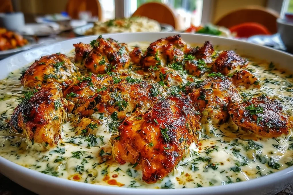 Turkish Chicken with Creamy White Sauce in a large serving bowl—golden, charred chicken pieces in a rich herb-speckled creamy white sauce.