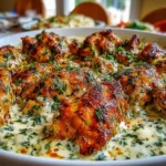Turkish Chicken with Creamy White Sauce in a large serving bowl—golden, charred chicken pieces in a rich herb-speckled creamy white sauce.