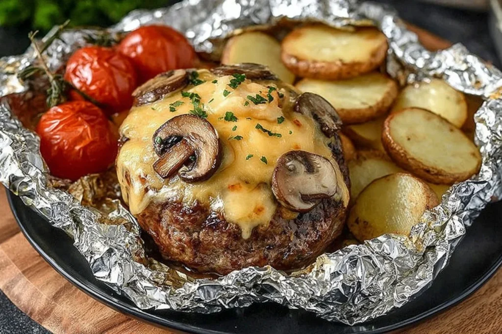 Mushroom And Swiss Burger Foil Packets with a melty Swiss-topped burger, sliced mushrooms, roasted potato rounds, and blistered tomatoes in foil.