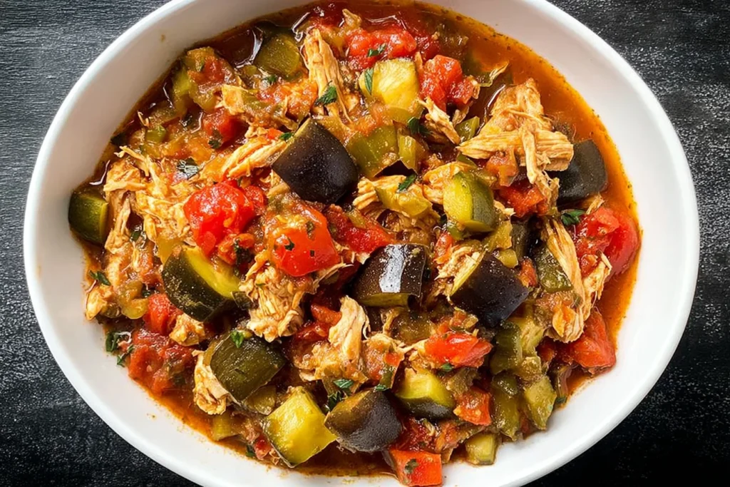Slow Cooker Ratatouille with Chicken in a white bowl—shredded chicken with zucchini, eggplant, peppers, and tomatoes in a rich sauce.