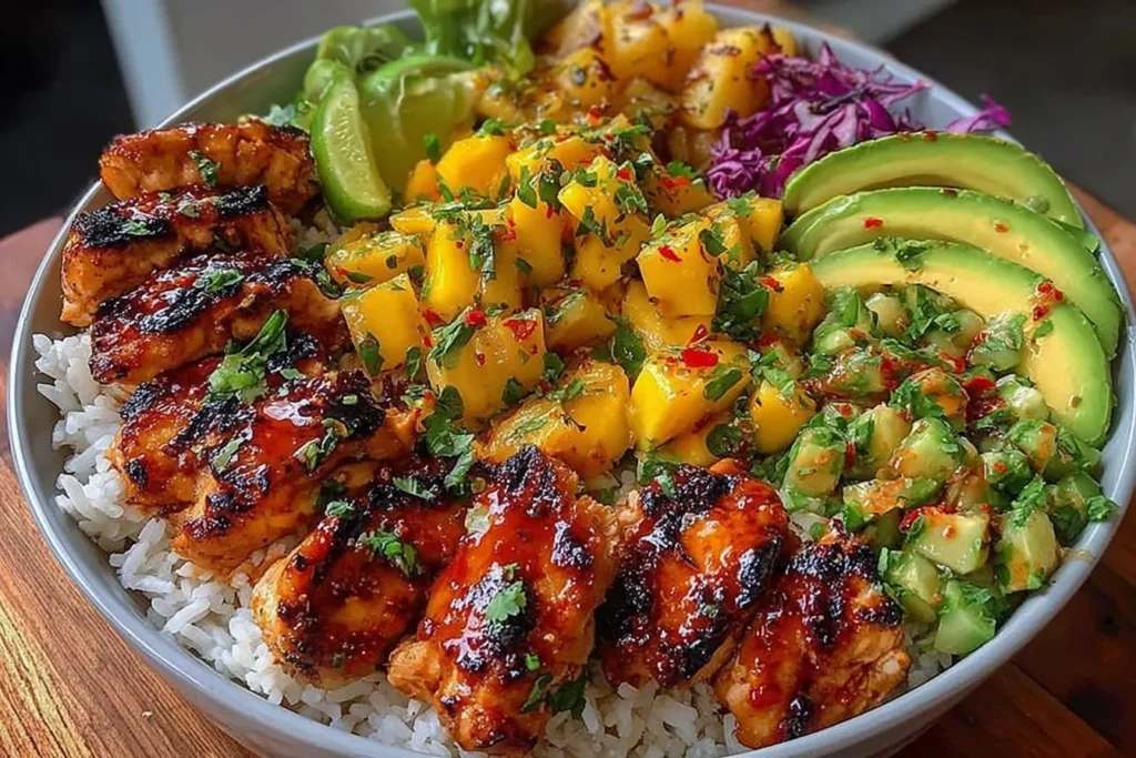 Grilled Maple Sriracha Chicken Bites bowl over coconut rice with charred chicken, mango avocado salsa, sliced avocado, lime wedges, and cilantro.