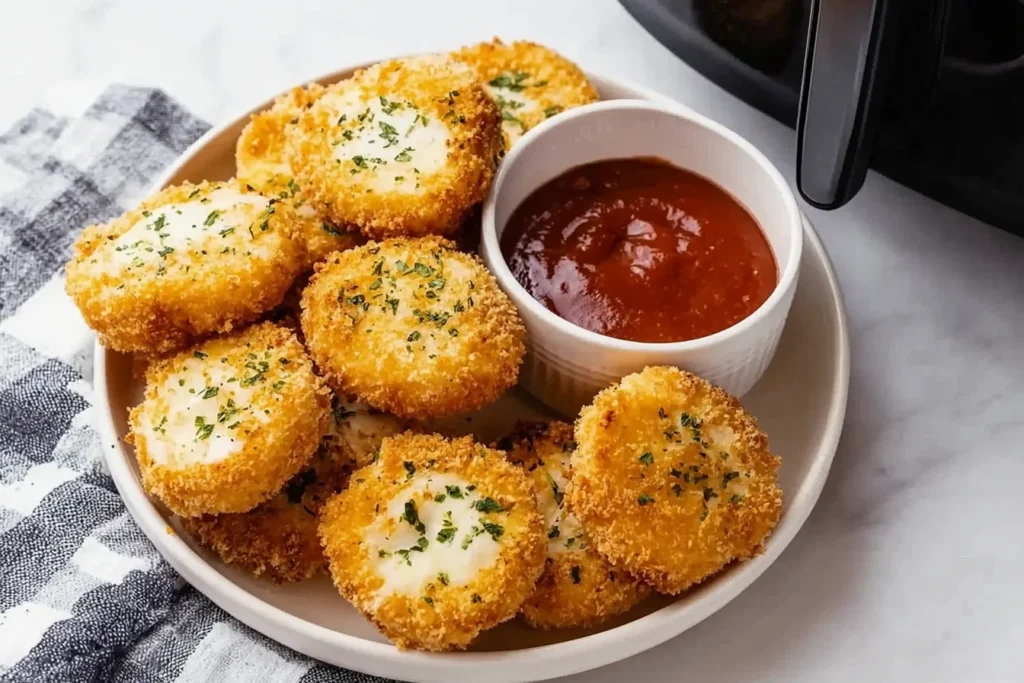 Air Fried Babybel Cheese bites with crispy panko coating, garnished with parsley and served with marinara dip on a plate.