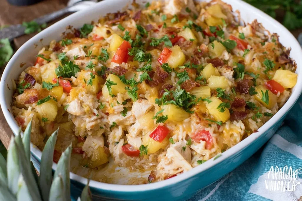 Aloha Pineapple Chicken Rice Casserole in a baking dish with juicy pineapple, tender chicken, fluffy rice, peppers, and fresh herbs.
