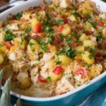 Aloha Pineapple Chicken Rice Casserole in a baking dish with juicy pineapple, tender chicken, fluffy rice, peppers, and fresh herbs.