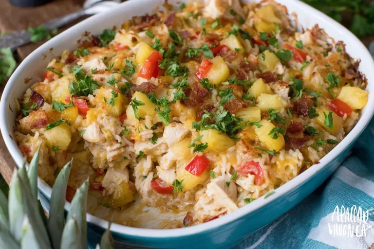 Aloha Pineapple Chicken Rice Casserole in a baking dish with juicy pineapple, tender chicken, fluffy rice, peppers, and fresh herbs.