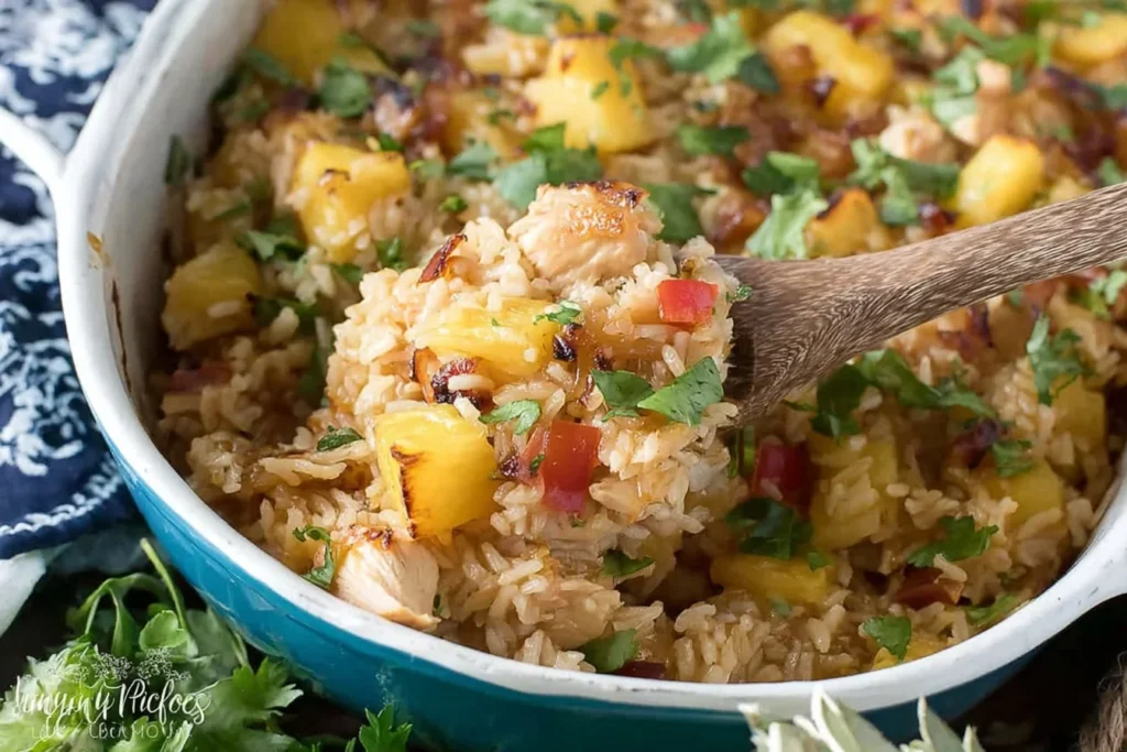 Spoonful of Aloha Pineapple Chicken Rice Casserole with tender chicken, caramelized pineapple, fluffy rice, and fresh cilantro in a baking dish.