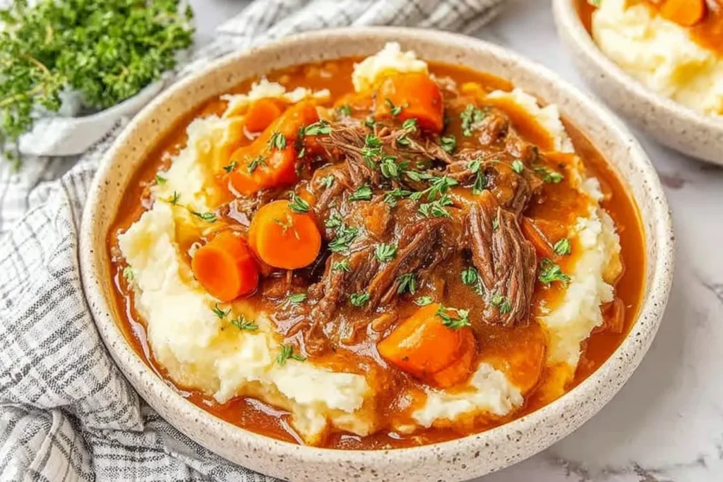Apple Cider Stew Mash served in a rustic bowl with tender shredded beef, carrots, and rich cider gravy over creamy mashed potatoes, topped with herbs.