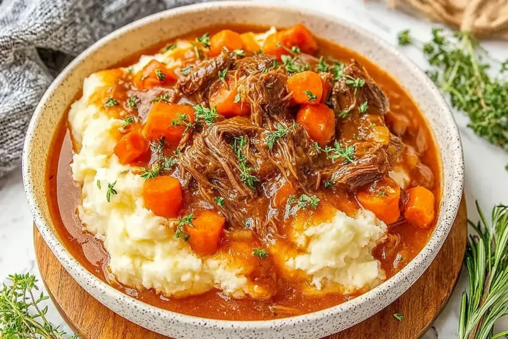 Apple Cider Stew Mash in a bowl—tender beef stew with carrots over creamy cheesy mashed potatoes, topped with fresh herbs.