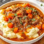 Apple Cider Stew Mash in a bowl—tender beef stew with carrots over creamy cheesy mashed potatoes, topped with fresh herbs.