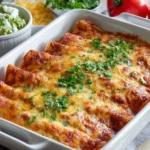 Ina Garten Chicken Enchiladas Recipe in a white baking dish with melted cheese, red enchilada sauce, and fresh cilantro, served with guacamole on the side.
