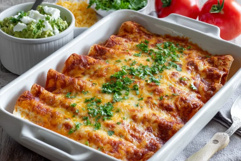Ina Garten Chicken Enchiladas Recipe in a white baking dish with melted cheese, red enchilada sauce, and fresh cilantro, served with guacamole on the side.