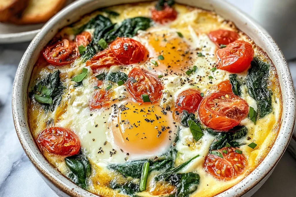 Baked Feta Eggs with Spinach and Tomatoes baked in a ramekin with roasted cherry tomatoes, wilted spinach, creamy feta, and runny yolks
