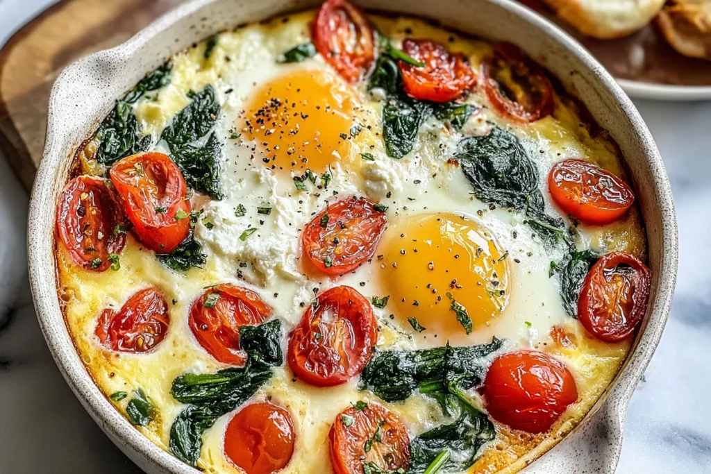 Baked Feta Eggs with Spinach and Tomatoes in a ramekin with roasted cherry tomatoes, wilted spinach, and runny egg yolks