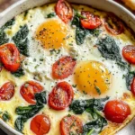 Baked Feta Eggs with Spinach and Tomatoes in a ramekin with roasted cherry tomatoes, wilted spinach, and runny egg yolks