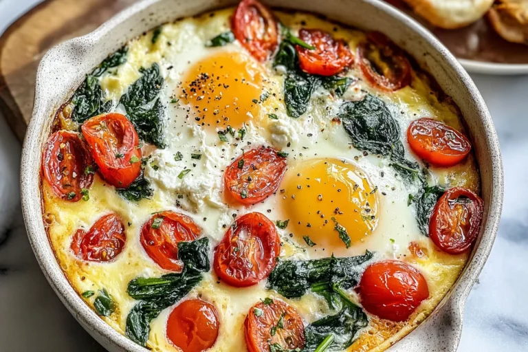 Baked Feta Eggs with Spinach and Tomatoes in a ramekin with roasted cherry tomatoes, wilted spinach, and runny egg yolks