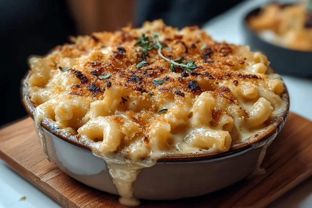 French onion soup mac & cheese baked in a ramekin with caramelized onion cheese sauce, golden breadcrumb topping, and thyme.
