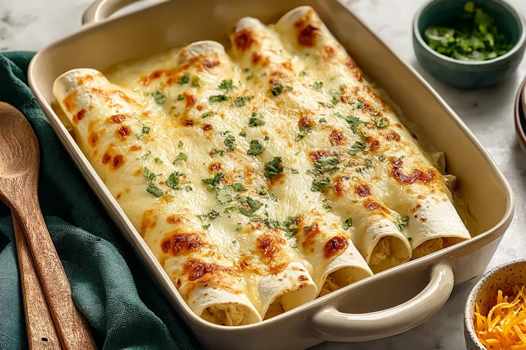 White Rotisserie Chicken Enchiladas baked in a casserole dish with creamy white sauce, melted Monterey Jack cheese, and a sprinkle of cilantro.