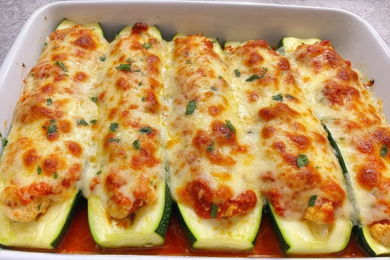 Keto Chicken Parmesan Zucchini Boats in a baking dish, stuffed with saucy ground chicken and topped with golden melted mozzarella and parmesan.